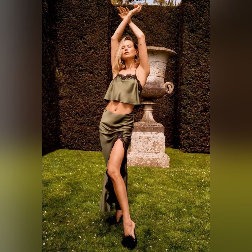 NWT VS Dream Angels Satin Lace-Trim Cropped Top & Slip Skirt Set Woodland GREEN